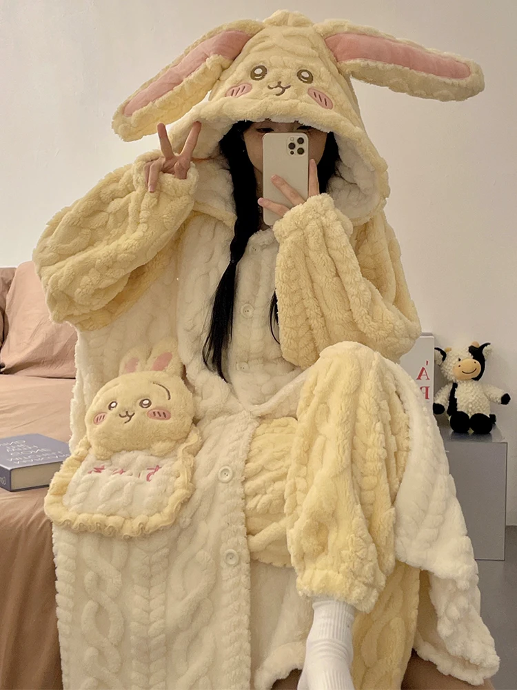 Usaage Nightgown Autumn and Winter 2024 New Coral Fleece Pajamas Women Thickened plus Velvet Bathrobe Home Wear Set