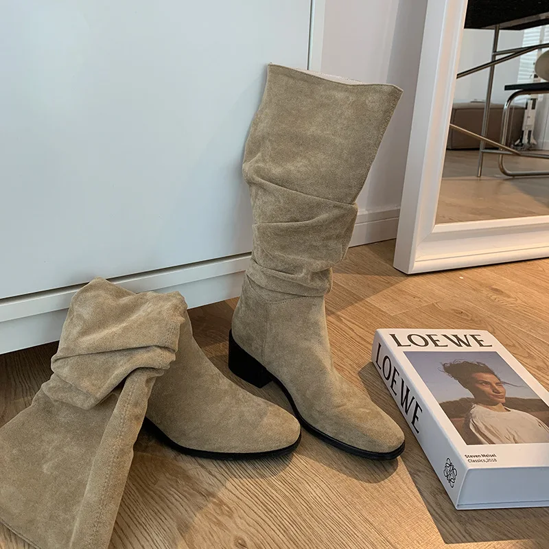 

Winter Short Boots Knight Boots Women's Vintage Suede Thick Heel Pointed High Boots Brown Pleated Long Boots Western Denim Boots