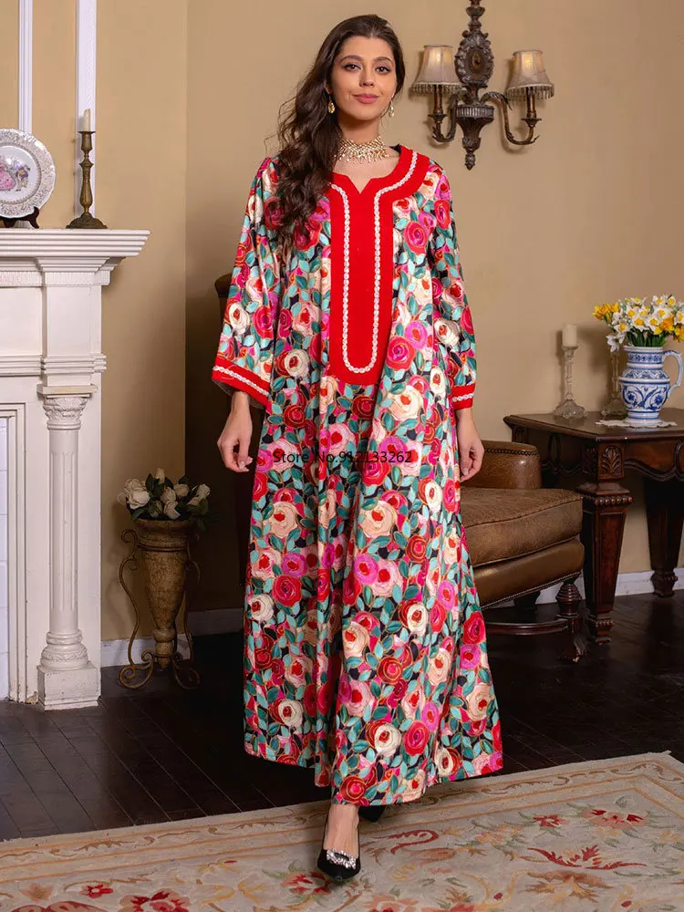 

Jalabiya Muslim Abaya for Women Ethnic Floral Print Ramadan Eid Arabic Long Dress Gulf Jalabiyat 2023 Hijab Moroccan Kaftan