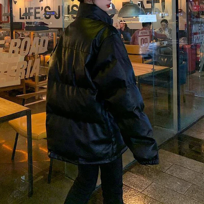 Solid Black Bright Color Thick Women Puffer Parkas Ins Fall Loose Coats Female Matte Outerwear Korean Winter Faux Leather Jacket