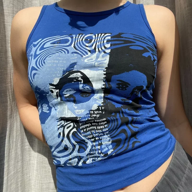 

Harajuku Vitage Print Tank Top Women Short Sleeve Sweats Vest Gothic Punk Style Y2K Aesthetic Streetwear Female Casual Crop Top