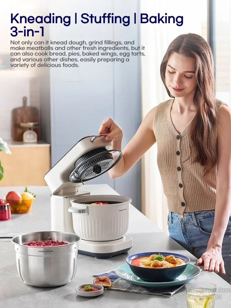 Фото Электрический тестомес MORPHY RICHARDS, многофункциональная кухонная техника для замешивания мяса, измельчения, выпечки, жарки, MR8801, новинка 2023 г. №3