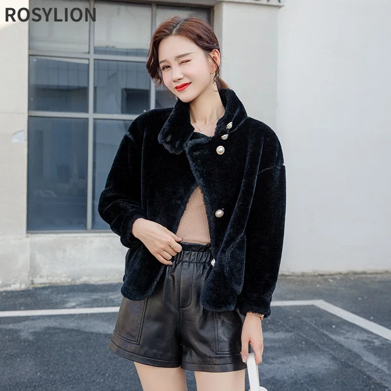 Женское меховое пальто на пуговицах короткая теплая пушистая плюшевая куртка из