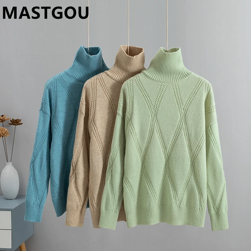 

Осенне-зимний женский свитер большого размера MASTGOU с высоким воротником, вязаный теплый топ, мягкие кашемировые пуловеры, Свитера