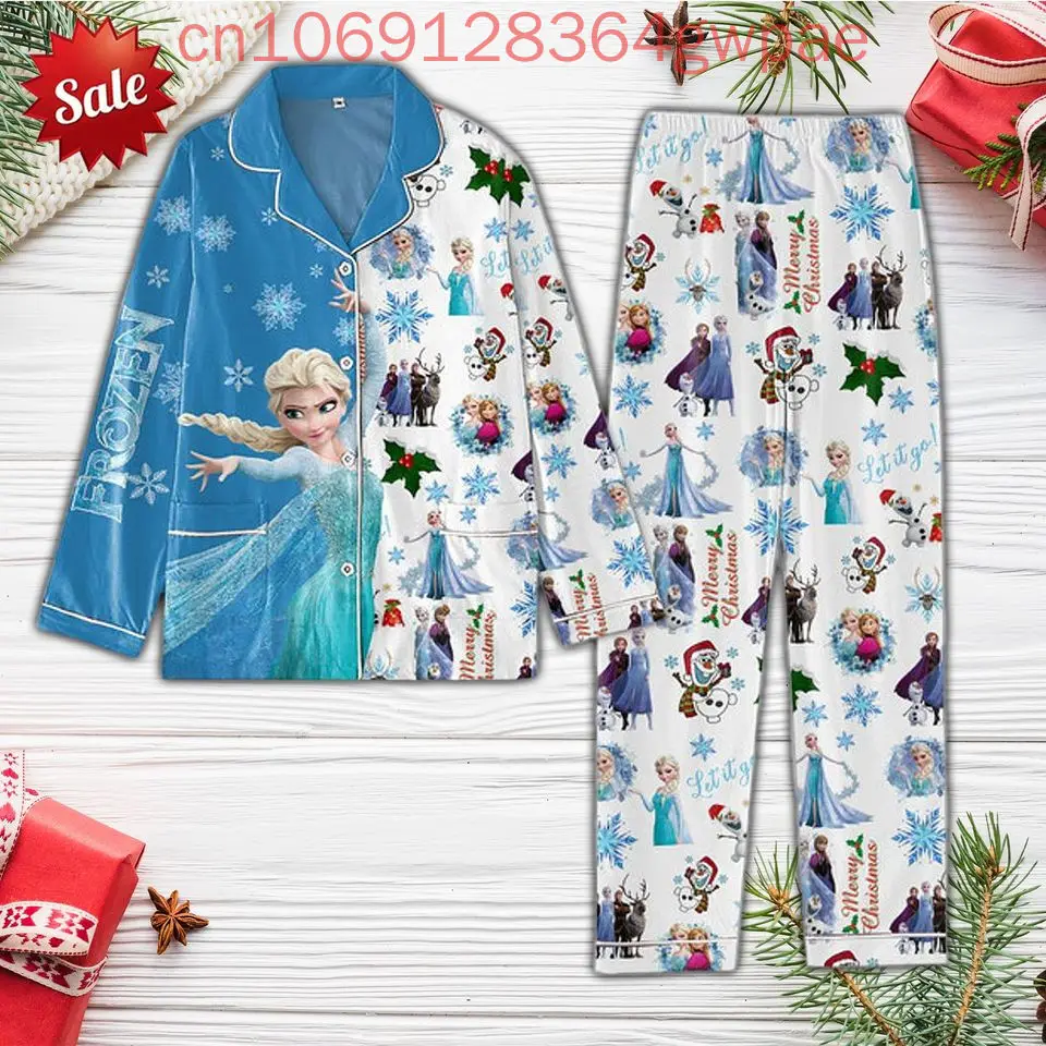 Disney Frozen Elsa Christmas Pajamas Set 2024 New Fashionable and Casual Men's Women's Long Sleeved Shirts