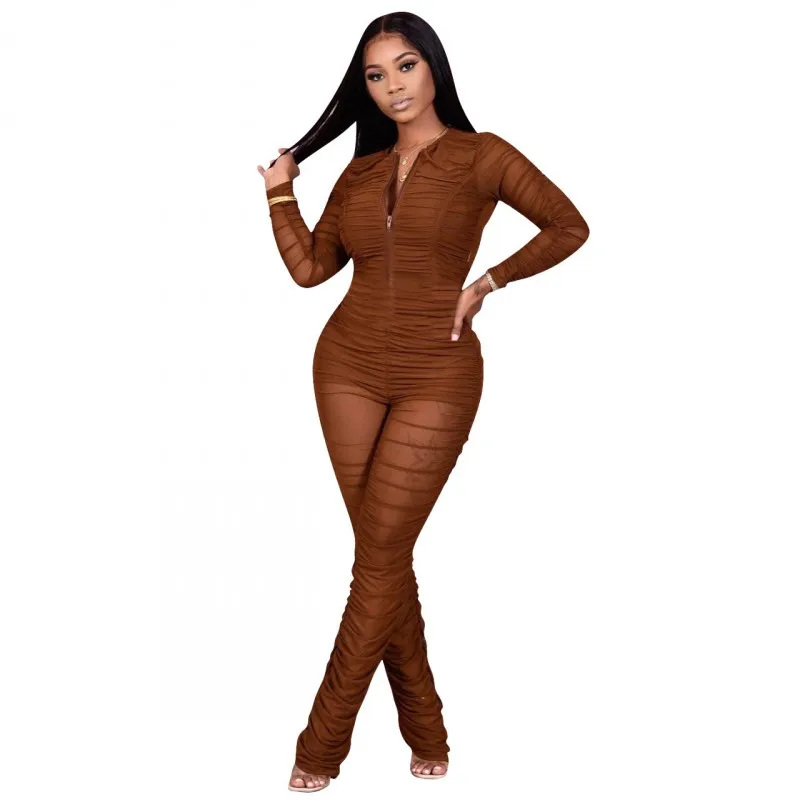 

Zipper Skinny Jumpsuit Women Mesh See Through Splice Rompers Fashion New Solid Draped Street Style Sexy Jumpsuits Playsuits 2022