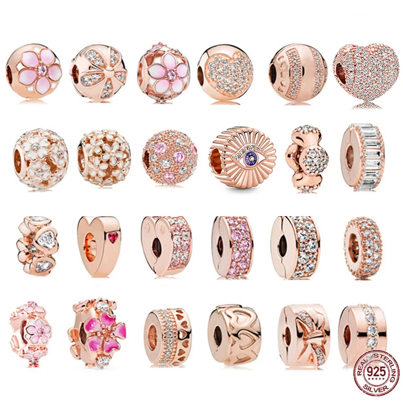 

High Quality 925 Sterling Silver Flower Heart Rose Gold Collection Charm Beads Fit Original Pandora Bracelet DIY Fine Jewelry