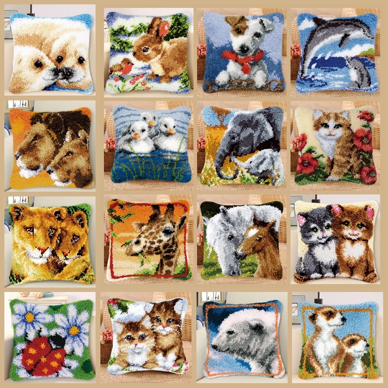 

Lion Cat Dog Cross Stitch Latch Hook kit Animal Embroidery Canvas For Plastic Bag Crochet Supplies Home latch hook Pillow kits