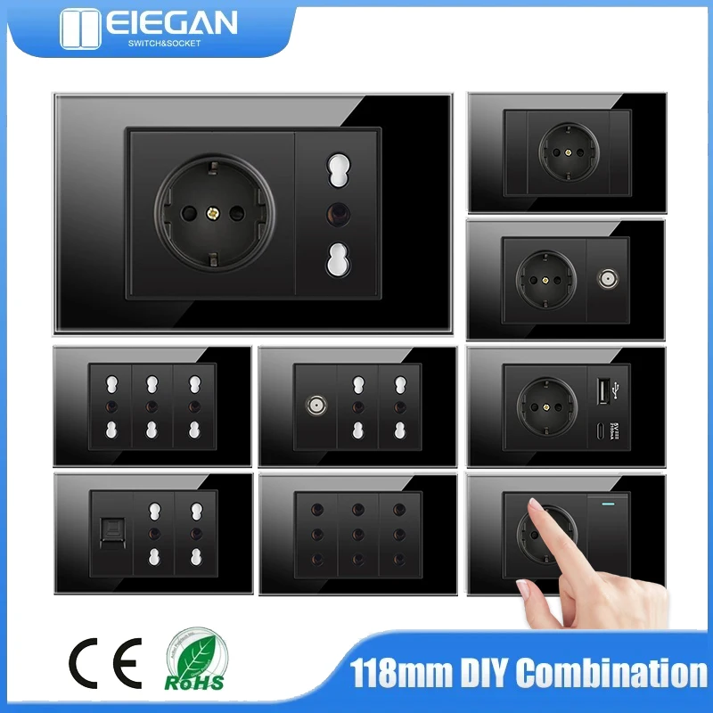ЕС/Италия/Чили стеклянная панель розетка переключатель с USB Type-c 5 в 118 МА Тип C для