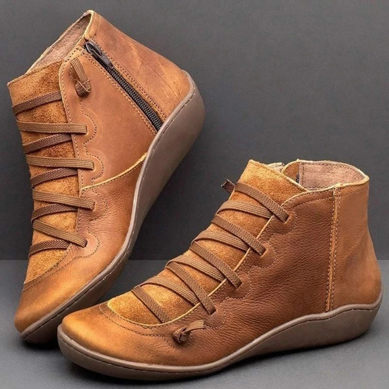 

GAOKE 2022 New Women PU Leather Casual Ankle Boots Comfortable Quality Soft Handmade Flat Shoe Yellow Red Work Boots