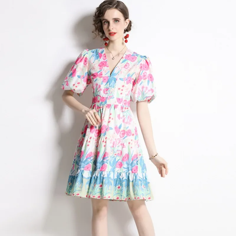 

2022 Summer Runway Fashion Floral Print Vintage Dress V Neck Lantern Sleeve Ruffles Boho Mini Dress