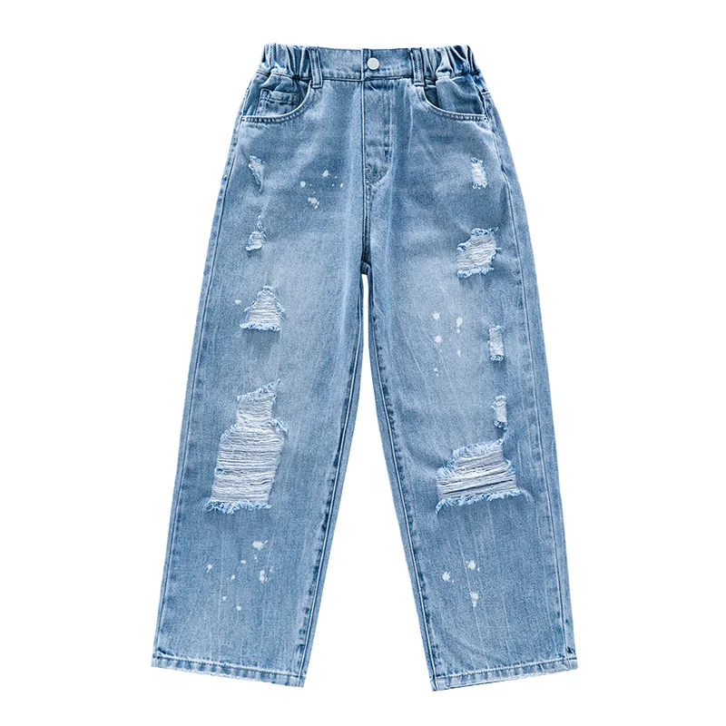 

Girls Ripped Jeans Autumn Loose Fashion All-match Casual Straight Pants for Kids High Waist Blue Teen Children Wide Leg Jeans