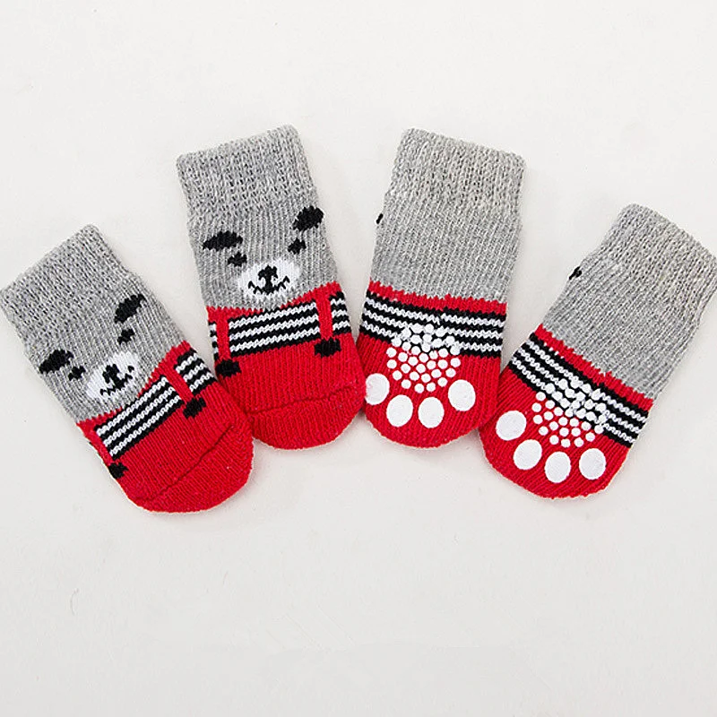 

4Pcs/Set Soft Pet Knits Socks Warm Puppy Dog Shoes Cute Cartoon Anti Slip Skid Socks for Small Dogs Wear Slip On Paw Protector