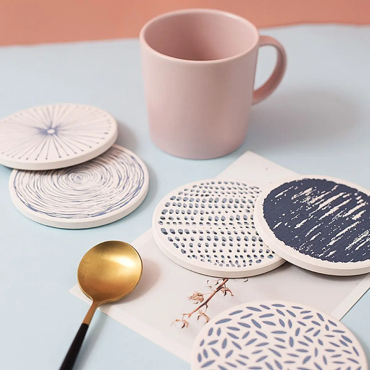 Подставка под кружку круглая маленькая чашка диатомит синяя коврик с принтом