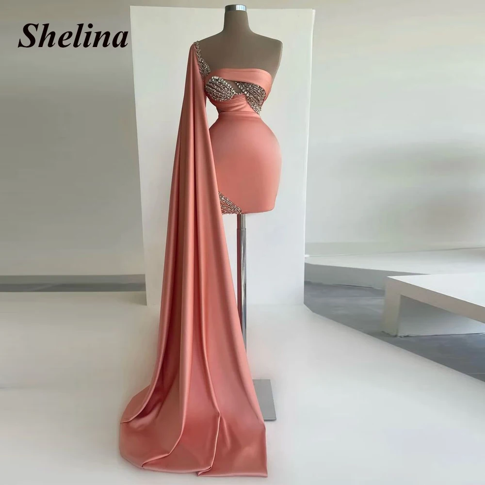

Shelina Gorgeous Sexy Satin Party Dresses Strapless Cape Crystal Pleat Knee-Length Evening Gown Vestidos De Ocasión Formales