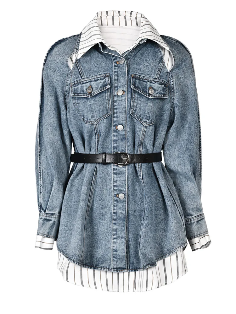 

DEAT Fashion Women's Dress Slim Lapel Single Breasted Belt Waist A-line Striped Spliced Shirt Dresses Autumn 2023 New CP1595