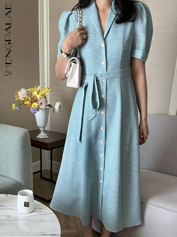 

Женское однобортное платье SHENGPALAE, винтажное платье с рукавами-пузырьками и отложным воротником, лето 2022, новинка 5Q1