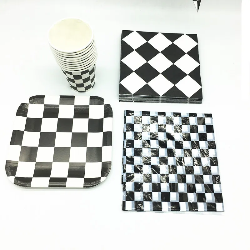 Black White Racing Car Party Deco Servies Chess Disposable tableware Set party wedding Baby Shower Deco for Kids