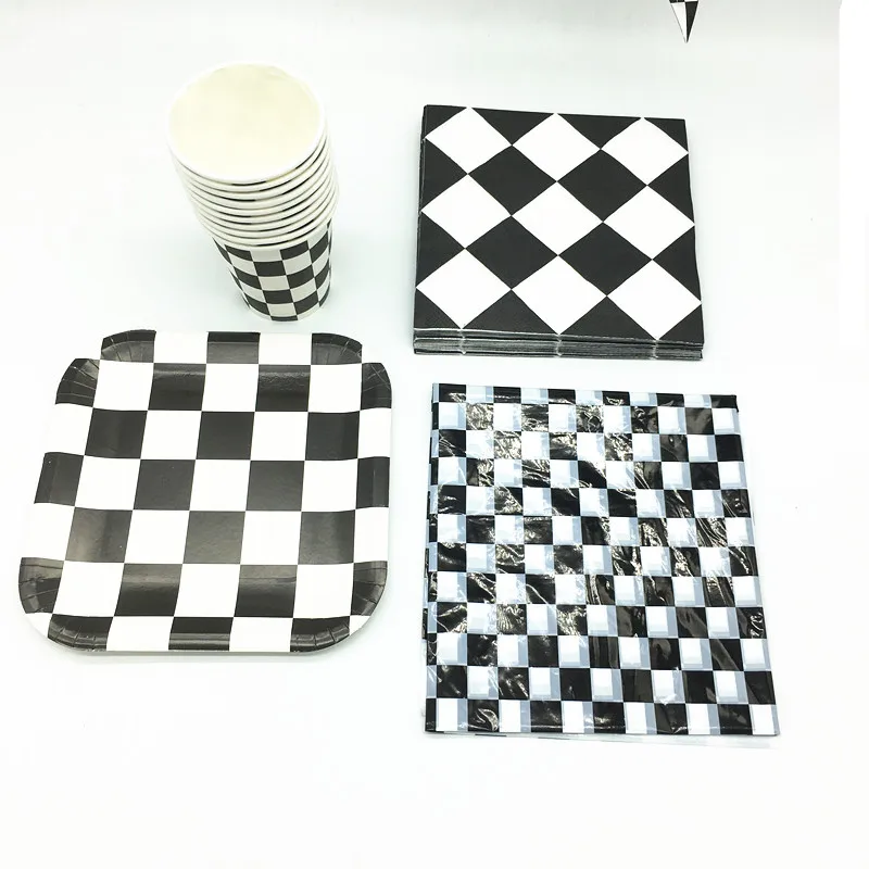 

Black White Racing Car Party Deco Servies Chess Disposable tableware Set party wedding Baby Shower Deco for Kids