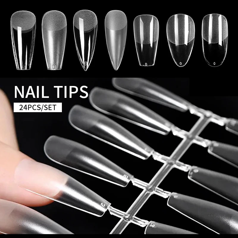 

24/48 шт., прозрачные бесшовные накладные ногти, полное покрытие, накладные ногти, гробы, миндаль, маникюр, прессованный на ногтях