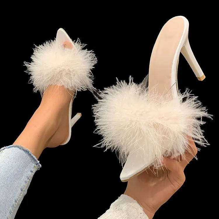 

2022 New Comfortable Summer Women's High Heel Stiletto Feather High Heels Open Toe Shallow Mouth Solid Color Slippers Large Size