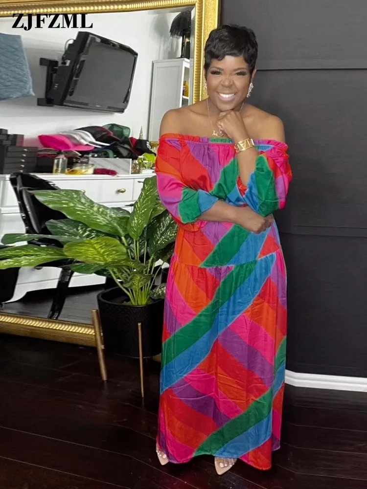 

Colorful Geometric Pattern Bohemian Maxi Dresses for Ladies Cold Shoulder Slash Neck Full Sleeve Elastic High Waist Beach Dress