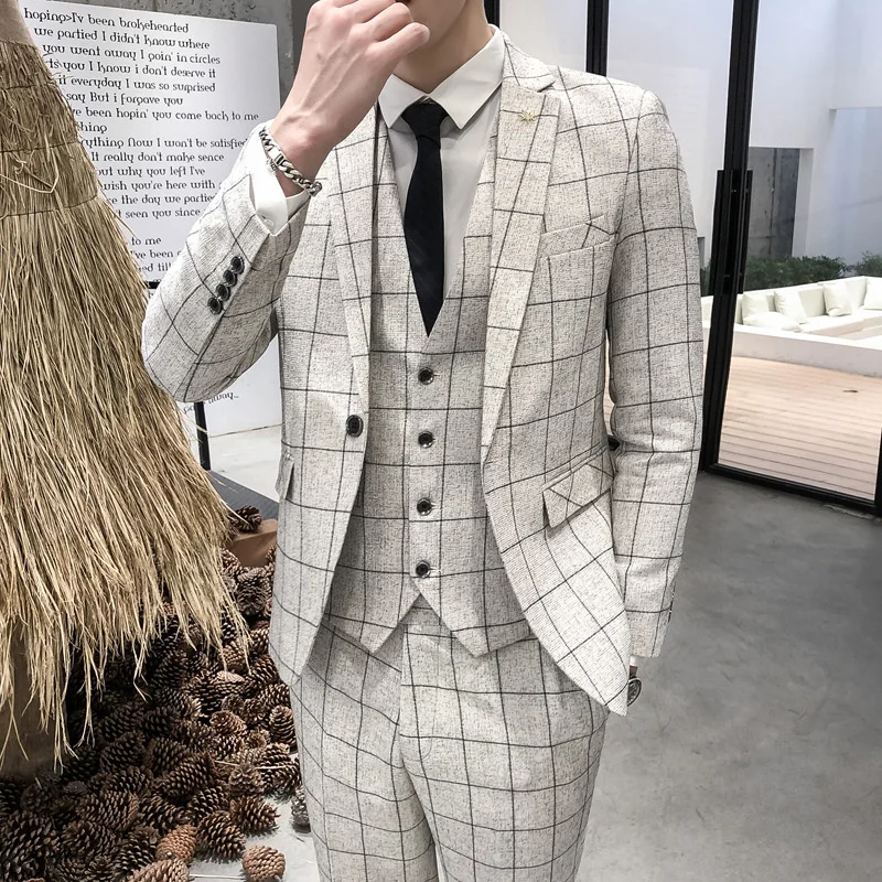 

3 Pcs Suit Set Jacket Pants Vest / 2022 Fashion New Men's Casual Boutique Business Linen Striped Slim Formal Dress Blazers Coat