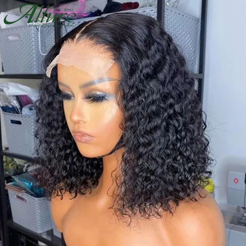 Natural Black Curly Lace Front Human Hair Wigs Women Side Part Short Afro Kinky Curly Bob Brazilian Human Hair Lace Wigs Allure