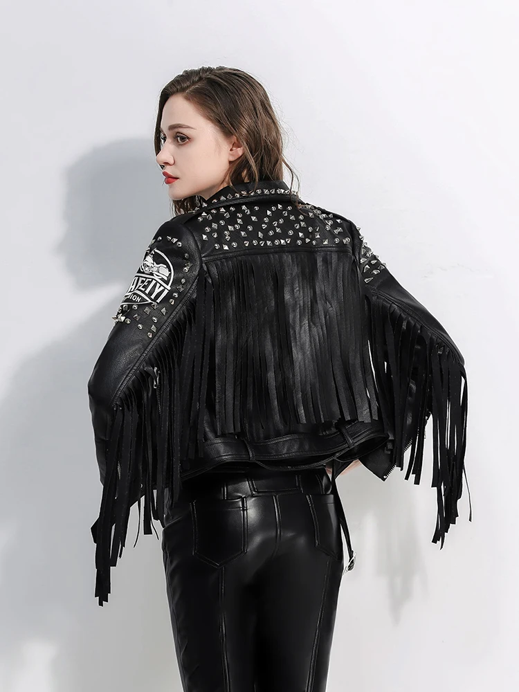 Tide Brand Artificial Leather Jacket PU Coat Print Graffiti Rivets Fringed Punk Coats Women Locomotive Clothing Black Tops DJ689