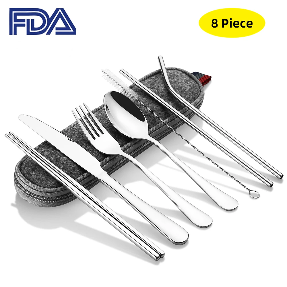 

8PCS Portable Cutlery Set Stainless Steel Dinnerware Chopsticks Spoon Fork Knife Straws With Bag School Travel Picnic Tableware