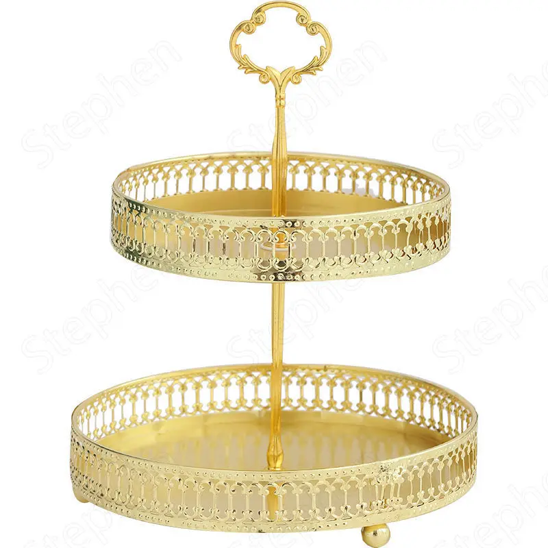 Golden Hollow Double Layer Cake Stand Nordic Light Luxury Fruit Snacks Tray Wedding Decoration Gilded Metal Trays Decorative | Дом и сад