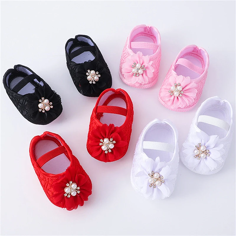 

Fashion Toddler Infant Baby Girls Shoes Flats And Headband Soft Sole Non-slip Pearl Flower Princess First Walkers For Newborn