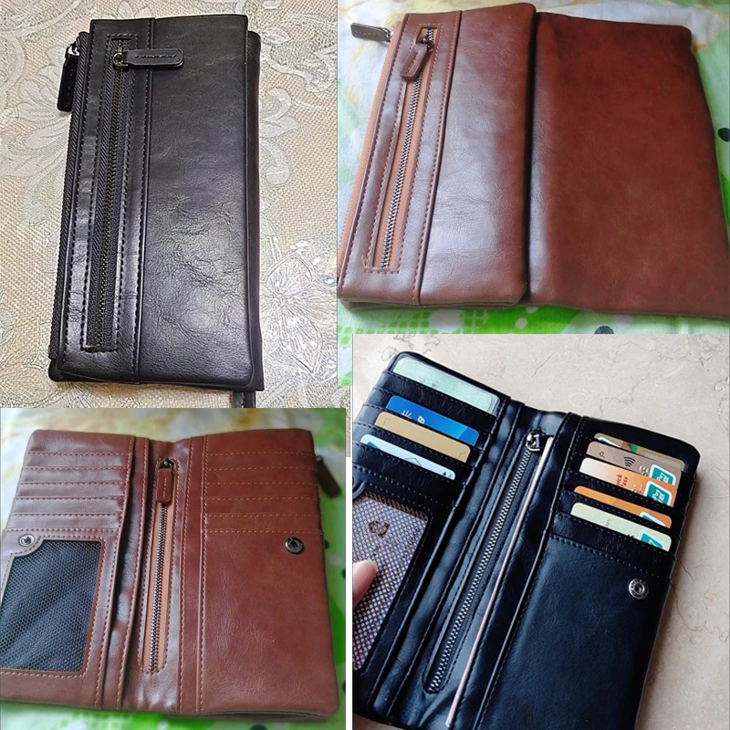 Retro Genuine Leather Men's Wallet Long Oil Wax Leather Wallet RFID Blocking Anti-theft 12 Card Holder Men Purse Wholesale