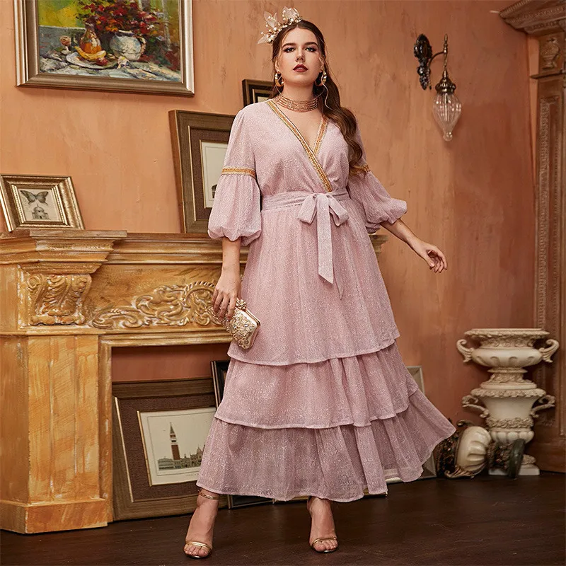 

Plus Size 4XL Pink Summer Muslim Women V-neck Dress Abaya Eid Ramadan Kaftan Arabic Clothing Gown Evening Party Islamic Dresses