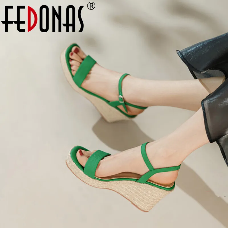 

FEDONAS Women Genuine Leather Sandals 2022 Summer Fashion Concise Wedges Heels Pumps Wedding Party Casual Platforms Shoes Woman