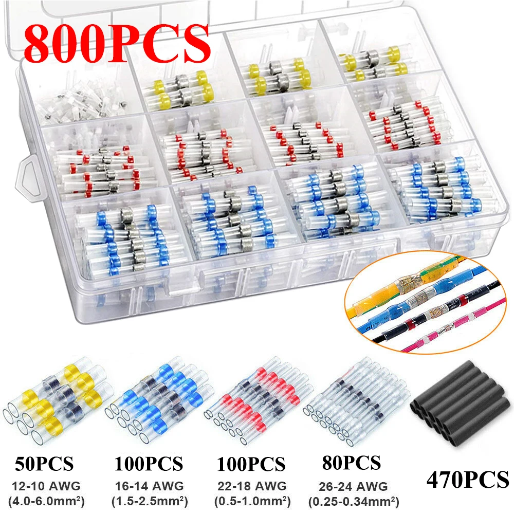 

300-800Pcs Heat Shrink Butt Crimp Terminals Waterproof Solder Seal Electrical Connectors Wire Cable Splice Kit Automotive Marine