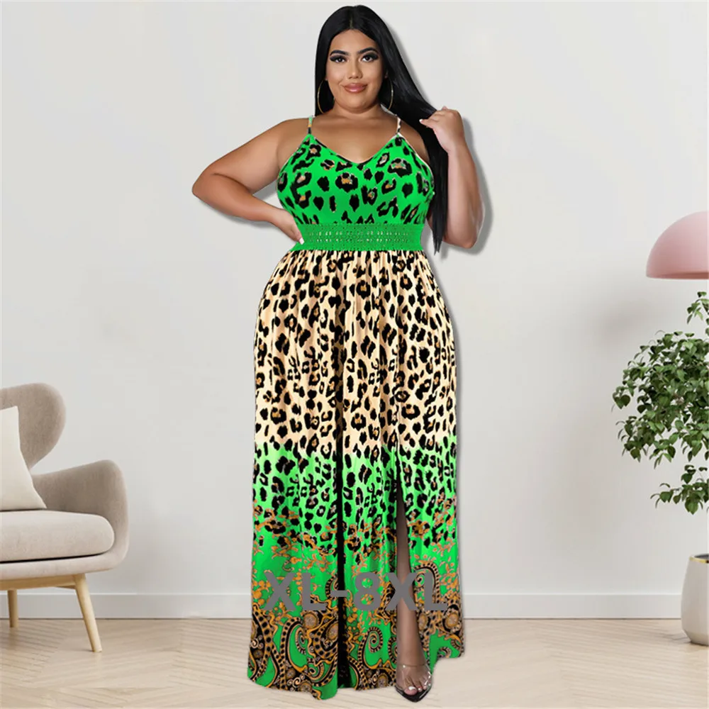 Plus Size Dresses Women Summer Holiday Slip Leopard Print Patchwork Elegant Party Sexy Maxi Dress Whol 3xl 4xl 5xl 6xl