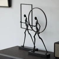 Modern Abstract Figure Walking On Marble With Rounded Square Frame Statue Art Ornament Metal Sculpture Home Office Decor Craft