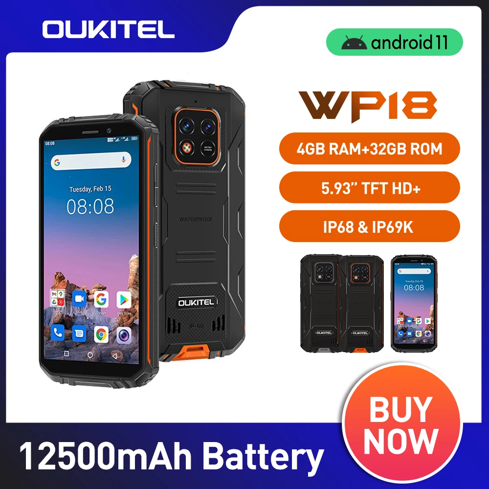 OUKITEL WP18 Smartphone Rugged Smartphone 12500mAh 4GB+32GB Android 11 5.93'' TFT HD+ Display Quad Core Cell Phone 13MP Camera