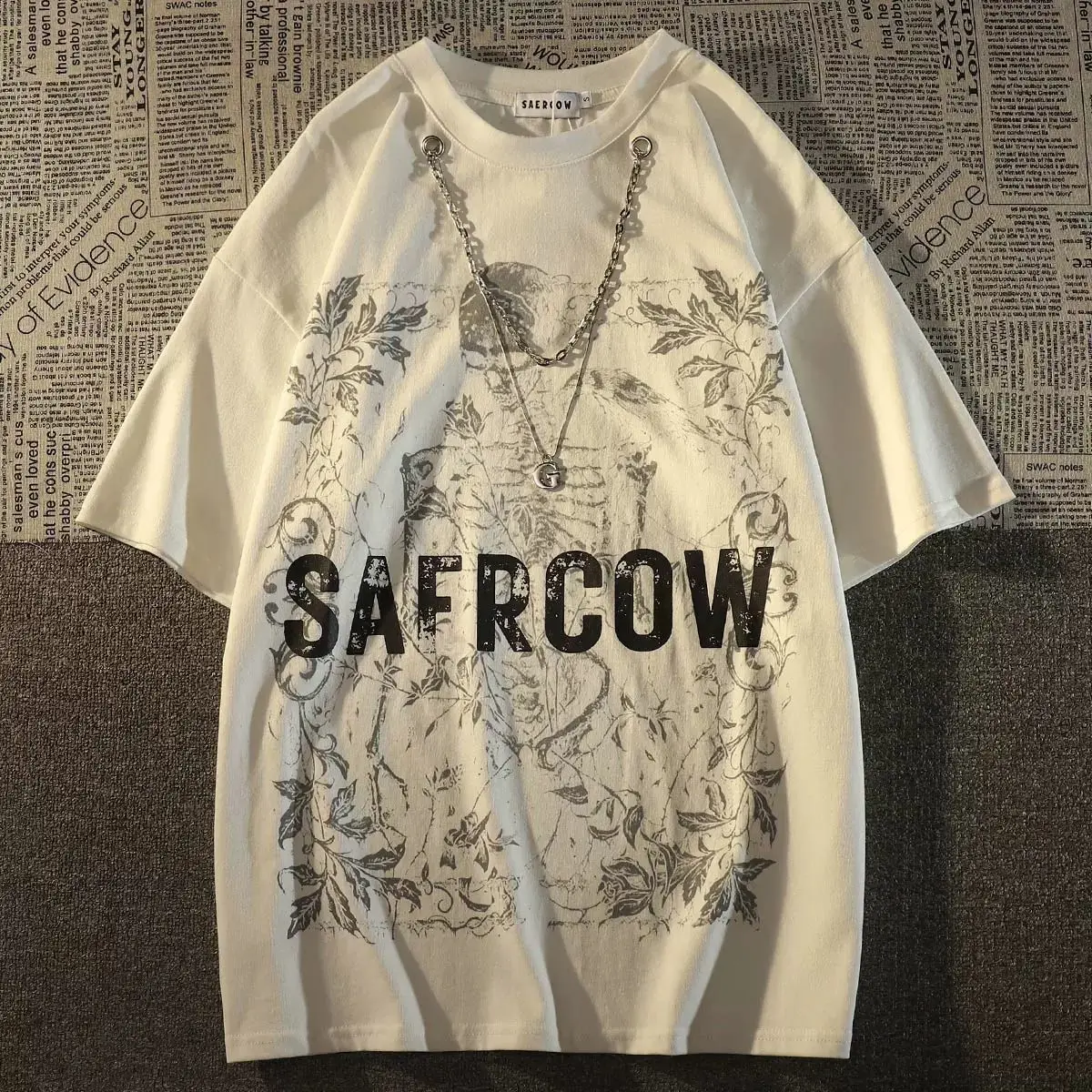 

Футболка мужская с коротким рукавом и круглым вырезом, модный брендовый хлопковый универсальный топ свободного покроя с принтом цепи, в американском винтажном стиле, на лето