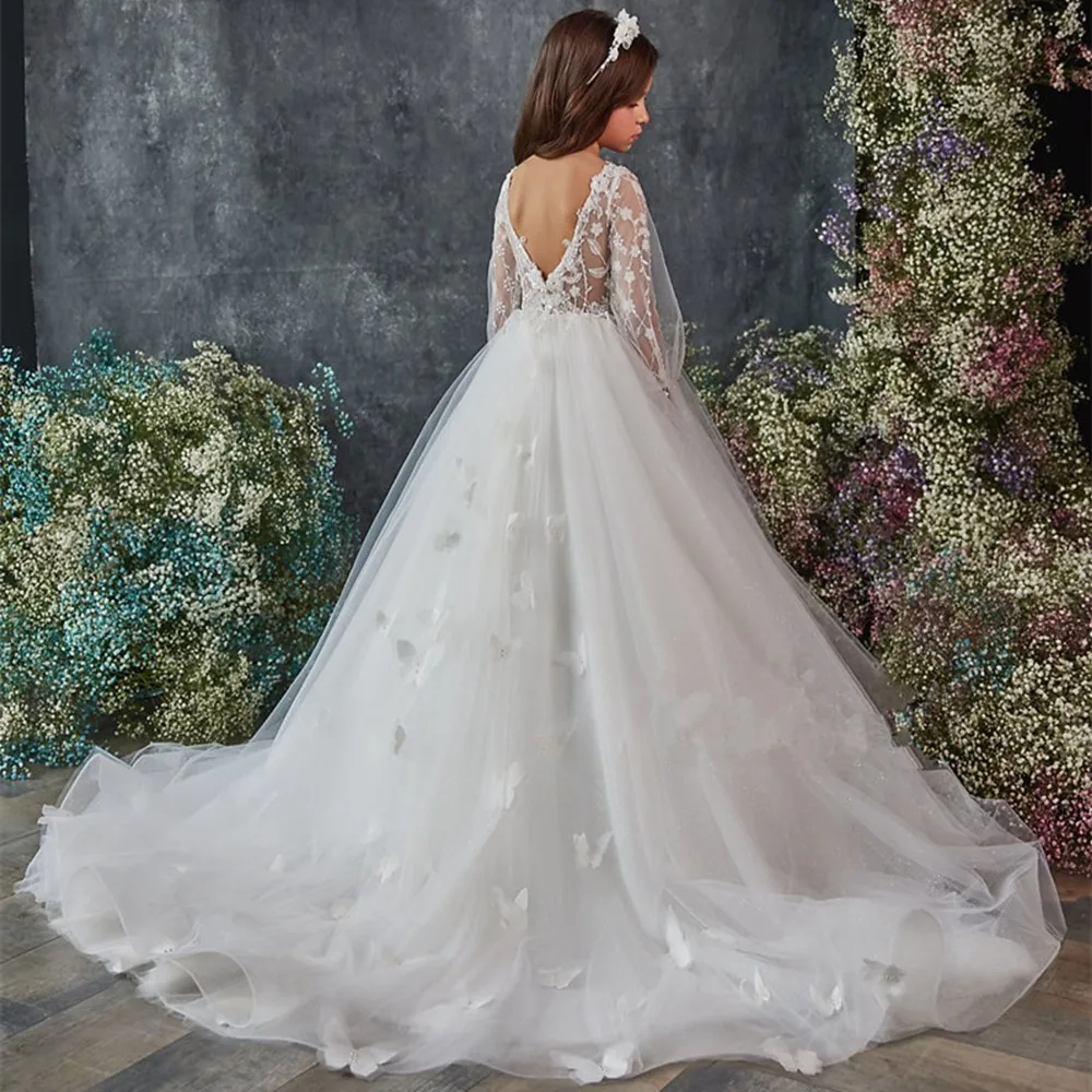 

Элегантные платья с цветами для девочек, платье с длинным рукавом и бусинами для маленьких детей, платье для первого причастия на день рождения, праздничный свадебный подарок