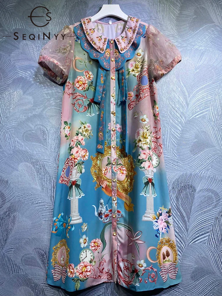 

Женское Сетчатое платье до колена SEQINYY, синее модельное платье с винтажным цветочным принтом и бусинами, с пышными рукавами, лето-весна