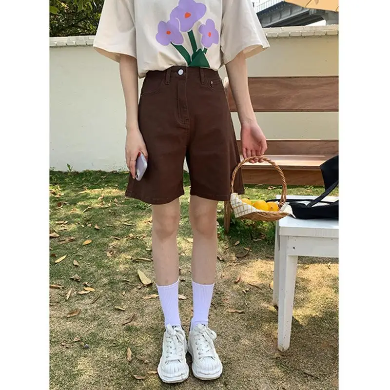 Summer Retro Brown Shorts for Women Korea High Waist Black Shorts Loose Button Solid Classic Knee-length Shorts BF Streetwear