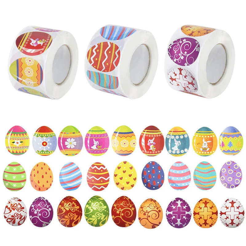 

500pcs/Roll Easter Stickers Egg Shape Cute Bunny Print Label Sticker For Festival Gift Sealed Packaging Kids Gift Candy Bag Tags