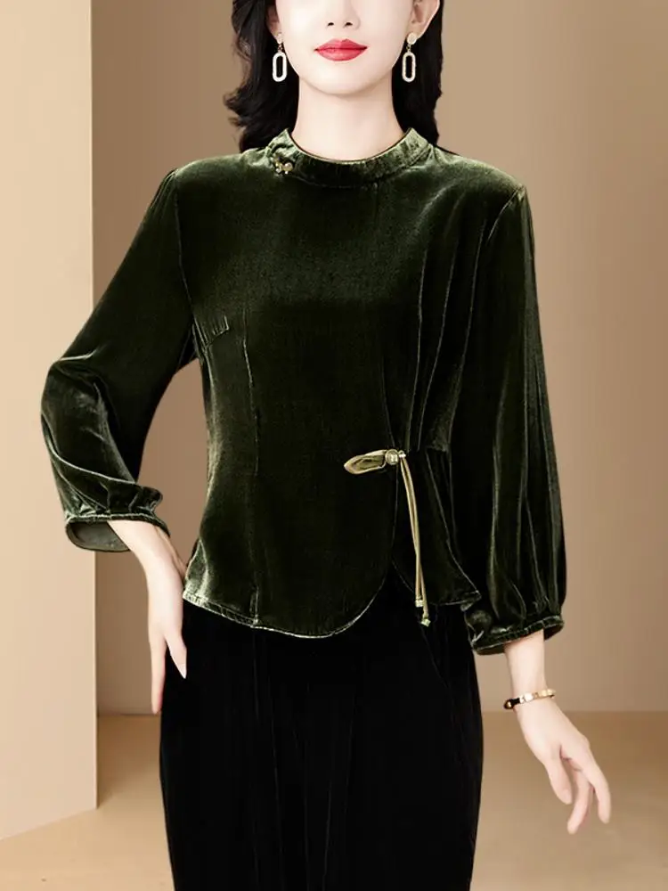Plus Size Women clothes Base Half-high Collar Loose Spring and Autumn T-shirt 2024 New Silk Gold Velvet Top Middle-Aged Mothe...