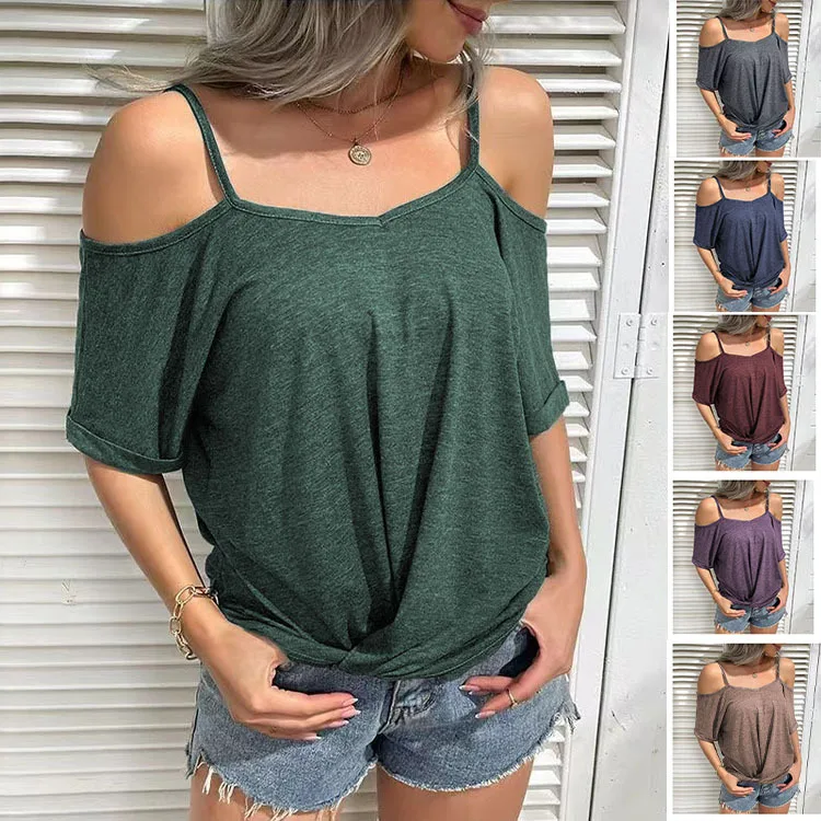 

Women's 2022 Off Shoulder Short Sleeve Top T-shirt Women Summer Fashion Sexy Solid Color Versatile Tops Female & Lady Clothing