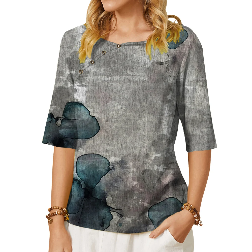 

CLOOCL Women T-shirt Retro Pattern 3D Printed Tees Button Decorate Middle Sleeve Tees Female Loose Casual Large Size Shirts