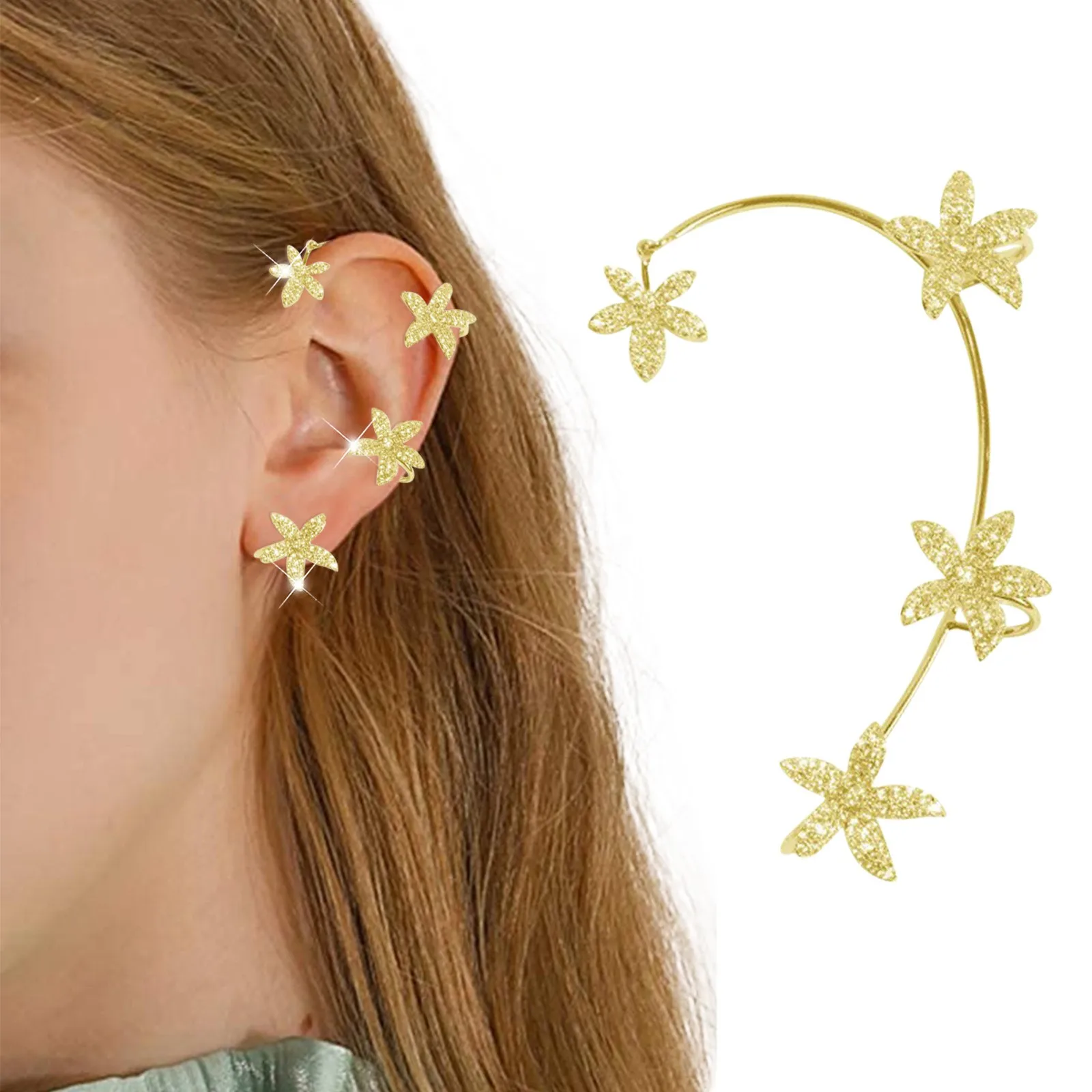 

Maple Leaf Shape Earrings Ear Clip For Women Girls No Piercing Zircon Star Ear Clips Rhinestone Gold Jewelry for Women Set