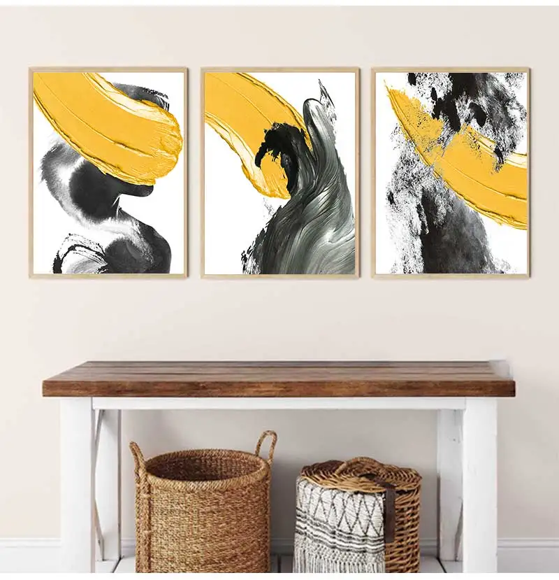 Абстрактная желтая с черной росписью напечатанная на холсте Скандинавская