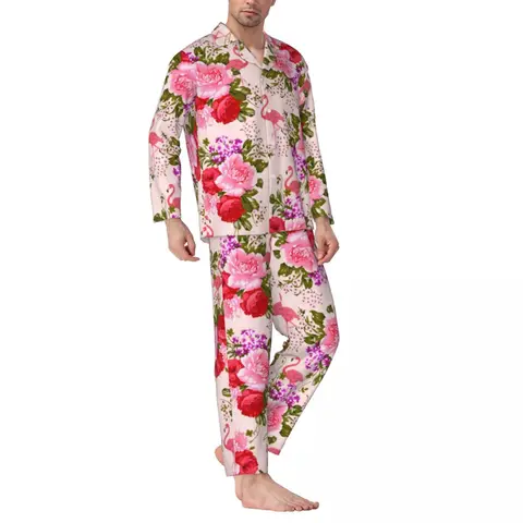 Пижама Мужская в стиле барокко, ночная рубашка с цветочным принтом, в богемном стиле ретро, повседневный свободный пижамный комплект из 2 предметов, домашний костюм оверсайз с длинными рукавами